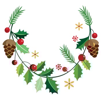 Christmas garland of evergreen tree pine and holly berries and cones on isolated white background vector