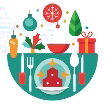 Christmas table setting with dishware. silverware and decorations on festive table. vector
