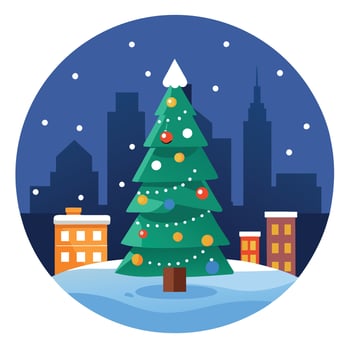Christmas tree decorated illuminated on snowy evening winter city street in New York vector