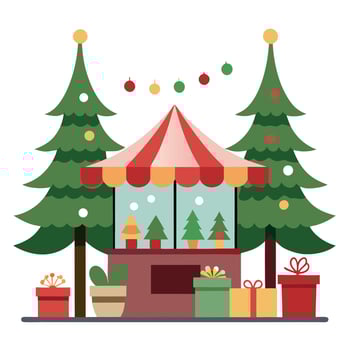 Christmas trees and decoration in front of the shop. winter street market. with no people vector