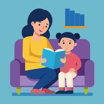 mother and daughter reading book together on couch illustration vector