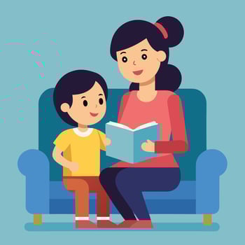 mother and son reading book together on couch illustration vector