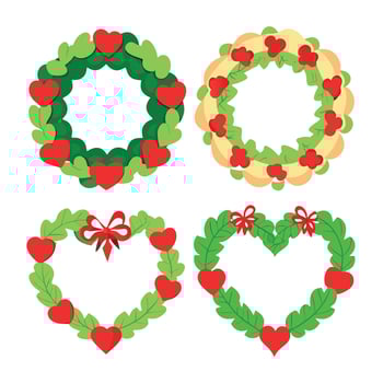 Collection of four christmas wreaths in shape of a heart isolated on a white background. vector