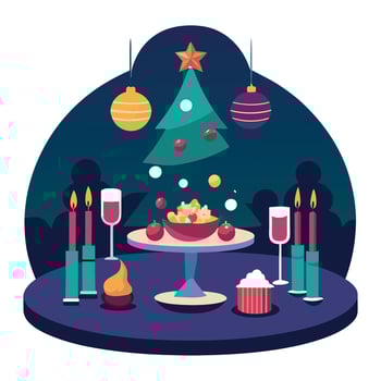 Christmas table with christmas tree, candles, and food vector