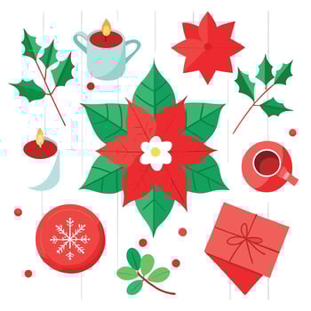 Flat lay composition with poinsettias and holiday decor on white wooden table. vector