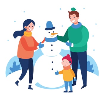 Happy family playing in the snow and making a snowman. copy space. Created with technology. vector