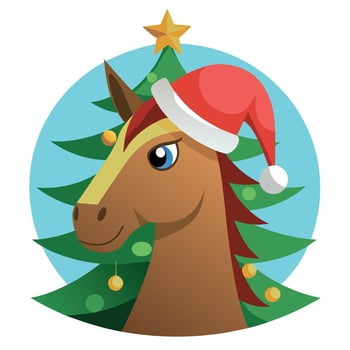 Horse wearing a santa claus hat with christmas tree in background vector
