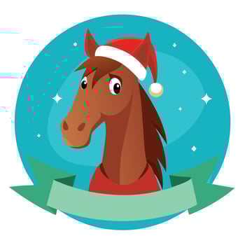 Horse with a christmas hat on. bokeh background. christmas banner vector