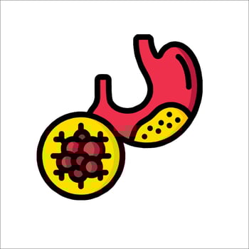 A cartoon illustration of a stomach with a virus vector