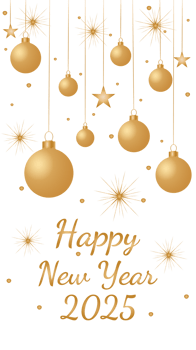 Greeting New Year card 2025. New Year card with golden balls, fireworks and stars png