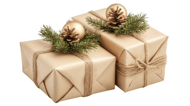 Craft two winter gift boxes with rope twine tied around it. Christmas or birthday element on transparent png