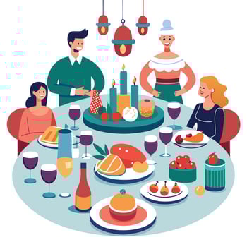 Luxury christmas dinner table. people are gathered and enjoy full of dishes. snacks and wine glasses vector