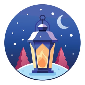 Magical Christmas lantern glowing in a snowy winter night. vector