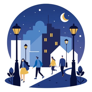 Night city people walk street lamp light urban lifestire art background vector