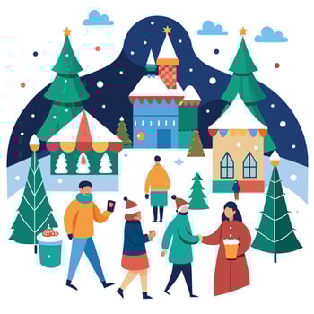 People enjoying Christmas market with holiday spirits. snowy weather. winter wonderland. vector
