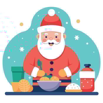Santa Claus bakes Christmas cookies in his magical kitchen. vector