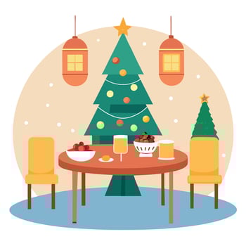 Table served for Christmas dinner. Living room decorated with lights and Christmas tree. vector