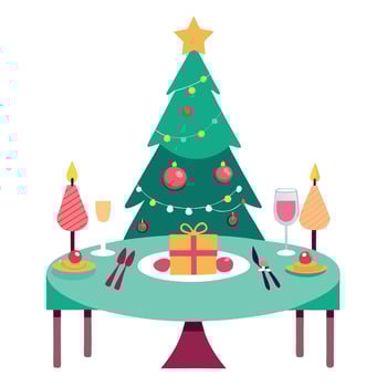 Table setting for a christmas dinner. with a christmas tree. christmas colors and soft lights. vector