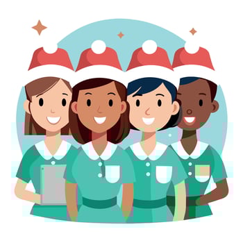 Team of nurses in a hospital on Christmas photo in santa hat vector