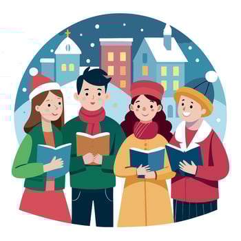 Teenagers Carolers singing traditional songs in city street on christmas eve vector