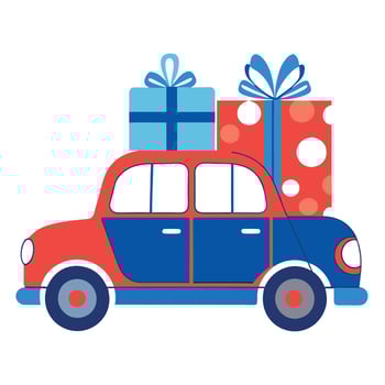 Vintage Christmas car with many gifts. blue and red colors. Greeting xmas card. winter holidays vector