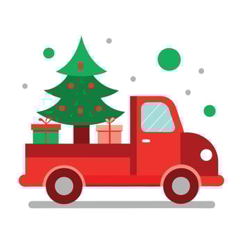 Vintage red christmas truck carrying a fir tree. Festive background. Genrative ai vector