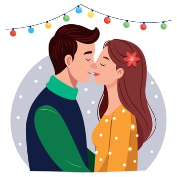 Young couple kissing under bright Christmas lights on New Year's Eve. vector
