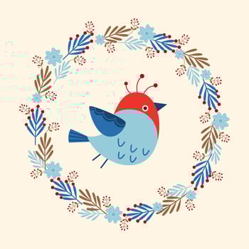 Cute winter bird flying in a frame of flowers, berries, twigs. Christmas and New Year. Illustration suitable for greeting card, poster, banner, flyer, cover, sticker. vector