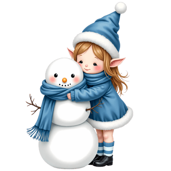 Blue and White Christmas Elf Hugging Snowman png