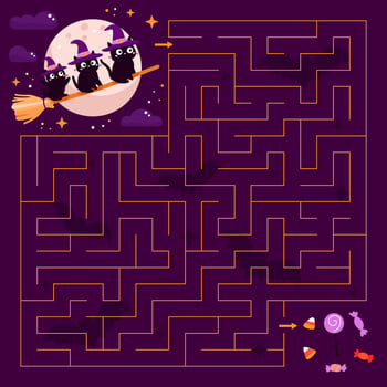 Maze game template in Halloween theme. Help three black cats find right way to candies. Puzzle for children. Trick or treat food labyrinth. Illustration for kids. vector