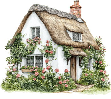 Charming Cottage with Stone Path and Blooming Purple Crocuses png