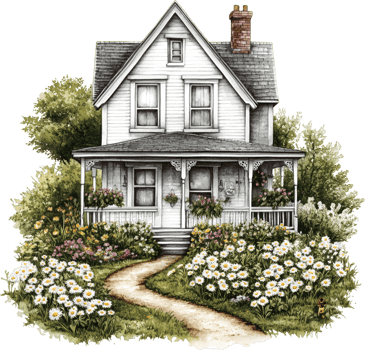 Traditional Farmhouse with Front Porch and White Flowering Shrubs png