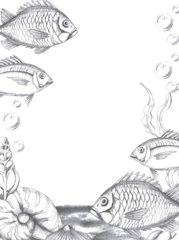 Vertical blank for menu or bar card of seafood restaurant with fish. Isolated pencil graphic illustration for postcards, invitations to sea party png