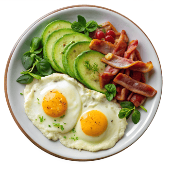 Eggs, bacon, and veggies for breakfast png