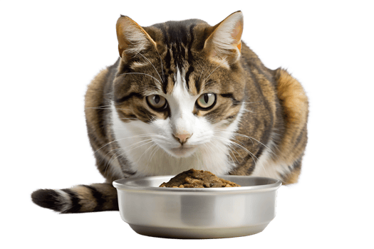 Cat enjoying a meal from a metal bowl indoors png