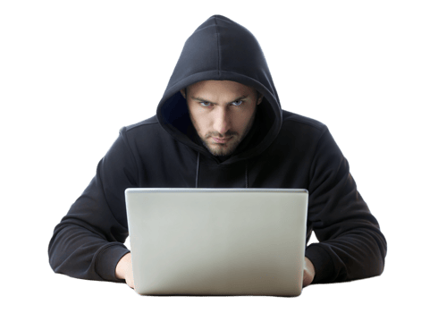 Man in hoodie focused on laptop png