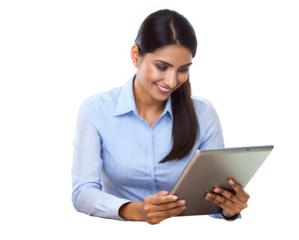 Woman using a tablet in a bright office setting png