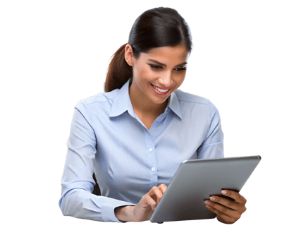 Woman using a tablet device indoors while smiling png