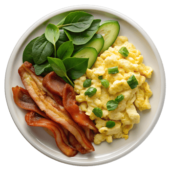 Delicious breakfast with scrambled eggs and bacon png