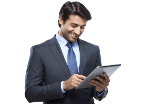 Business professional using a tablet with a smile png