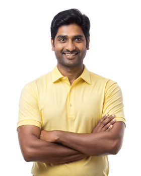 Smiling man with crossed arms in a yellow shirt png