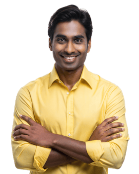 Smiling man in a yellow shirt with crossed arms png