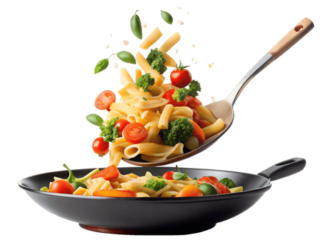 Fresh pasta dish being tossed in a skillet png