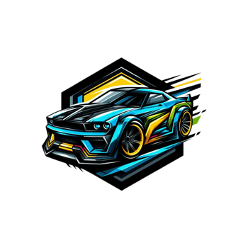 A blue and yellow car with a colorful design on the side of it. png