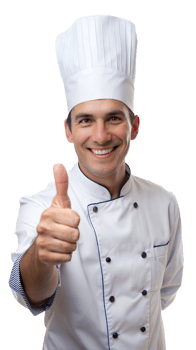 Chef in white uniform gives thumbs up for success png