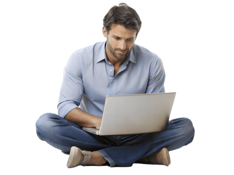 Man working on laptop while seated on the floor png