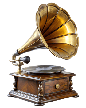 Vintage gramophone with brass horn and wooden base png