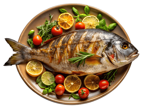 Grilled fish with herbs and veggies png