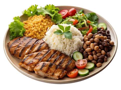 Grilled chicken and vegetable platter with rice png