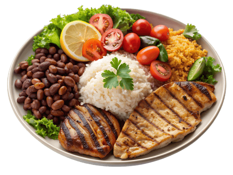 Grilled chicken and vegetables served on a plate png